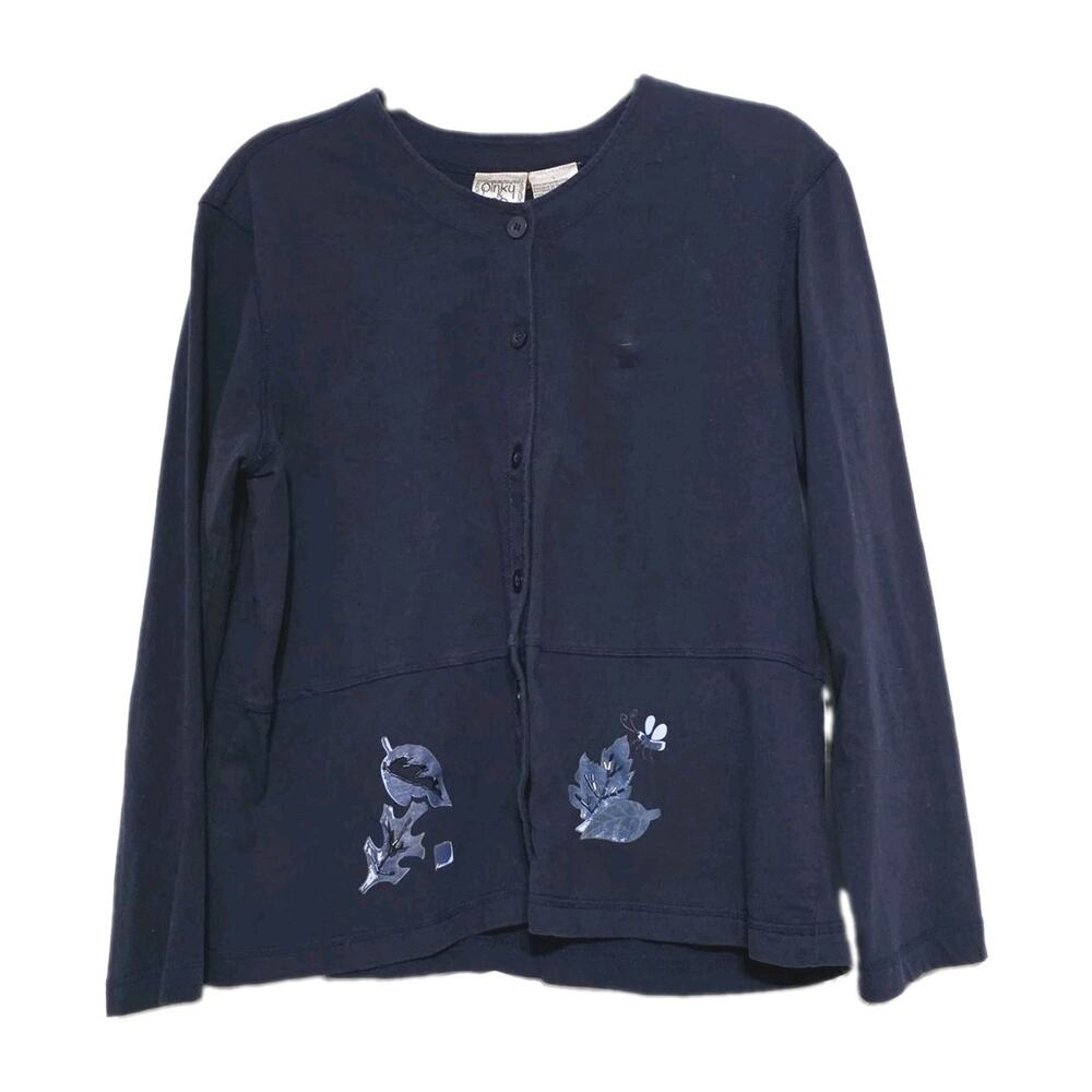 Vintage Lightweight Fall Cardigan Womens L Navy Blue Sequins Boho Cotton Buttons